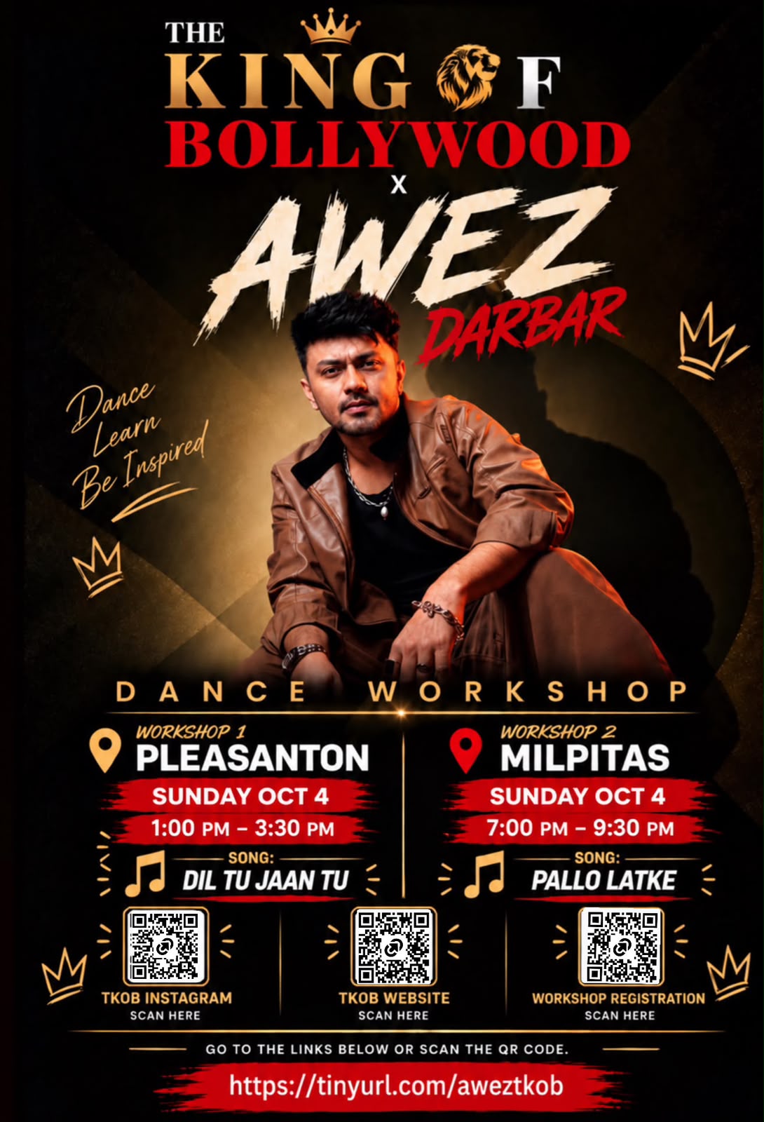 The King of Bollywood x Awez Darbar dance workshop flyer — Sunday October 4, 2026. Pleasanton 1:00–3:30 PM (song: Dil Tu Jaan Tu) and Milpitas 7:00–9:30 PM (song: Pallo Latke). Register at tinyurl.com/aweztkob.