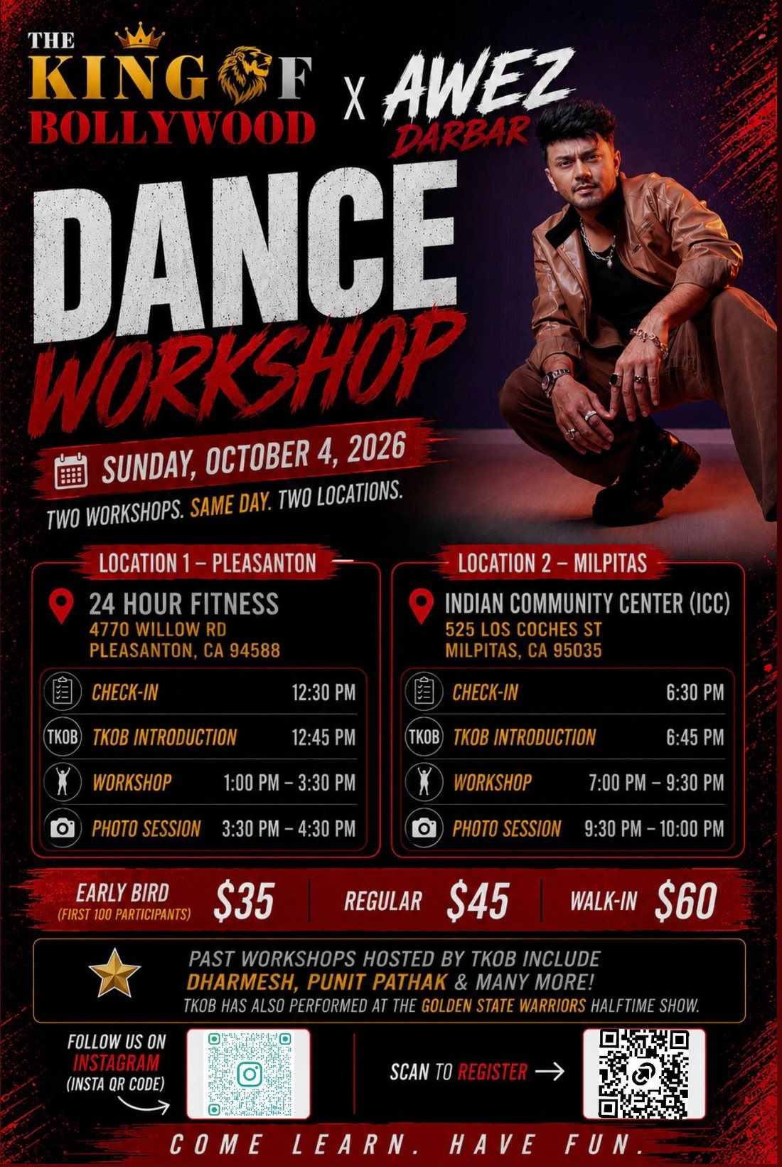 Official flyer: The King of Bollywood x Awez Darbar dance workshop, Sunday October 4 2026, Pleasanton and Milpitas