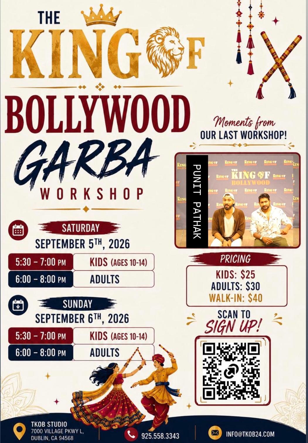 Official flyer: The King of Bollywood Garba workshop, Saturday September 5 and Sunday September 6 2026 at TKOB Studio, Dublin