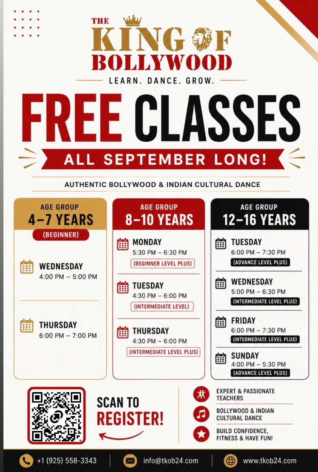 Official flyer: free classes all September long at The King of Bollywood, with the full schedule by age group