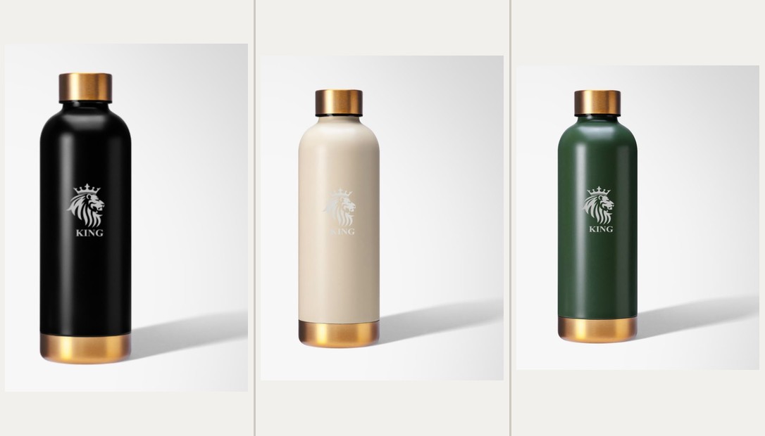 TKOB water bottles in black, cream and green